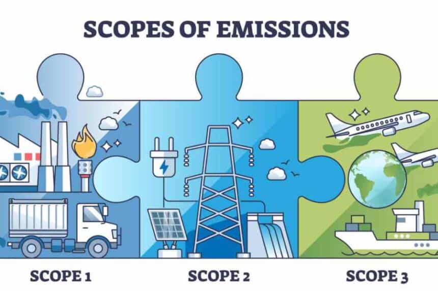 Scope 1 and Scope 2 emissions explained, focusing on direct and indirect energy impacts, carbon reduction strategies, and corporate sustainability efforts.
