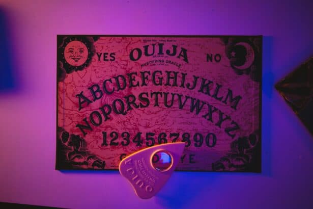 Ouija board with planchette in vibrant purple and pink glow, used for spiritual rituals and mystic divination.