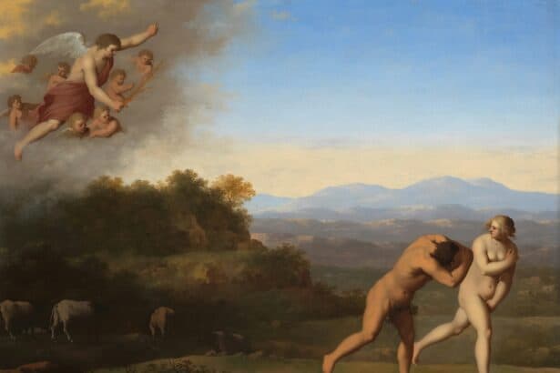 Ethereal scene featuring gods, mythological characters, and a scenic outdoor background.