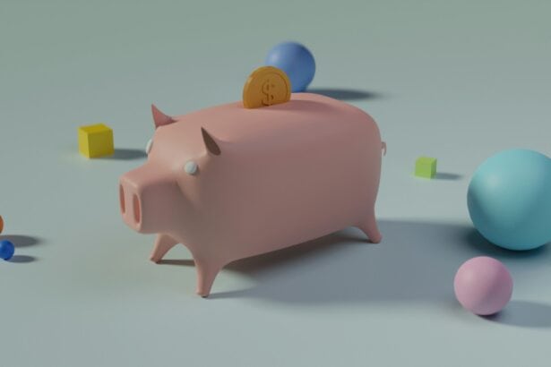 Piggy bank with coins on it surrounded by colorful geometric shapes like spheres and cubes, representing savings tips.