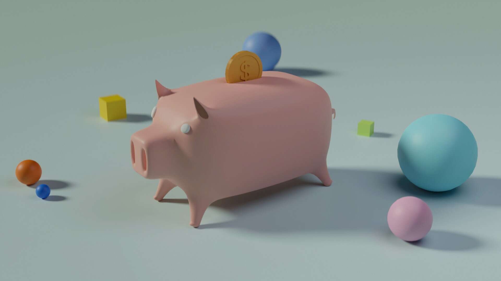Home Icy 42 Piggy bank with coins on it surrounded by colorful geometric shapes like spheres and cubes, representing savings tips.