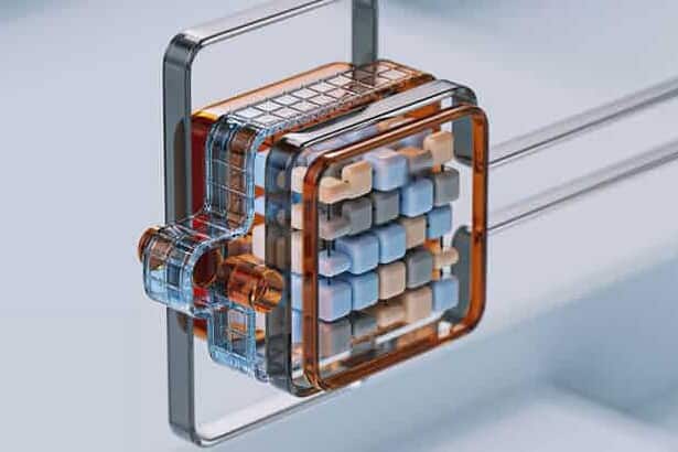 High-resolution image of a transparent neuron maze puzzle with colorful interconnected pathways.