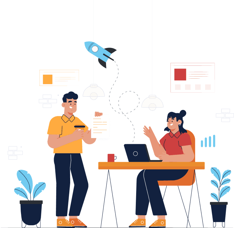 A creative workspace featuring tech gadgets and collaborative teams, perfect for modern work environments.