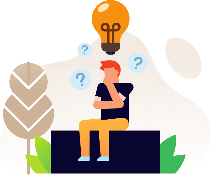 Thoughtful, creative person with light bulb above head for innovative ideas.