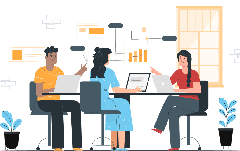 Three colleagues working together on laptops and digital charts in a modern office environment.