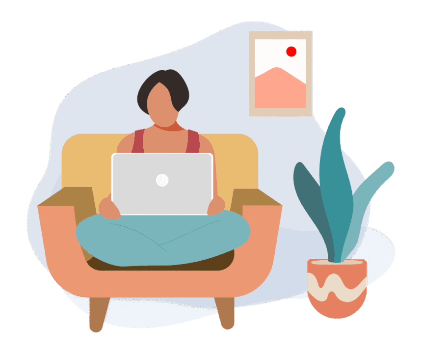 Woman working on laptop at home with plants and art.