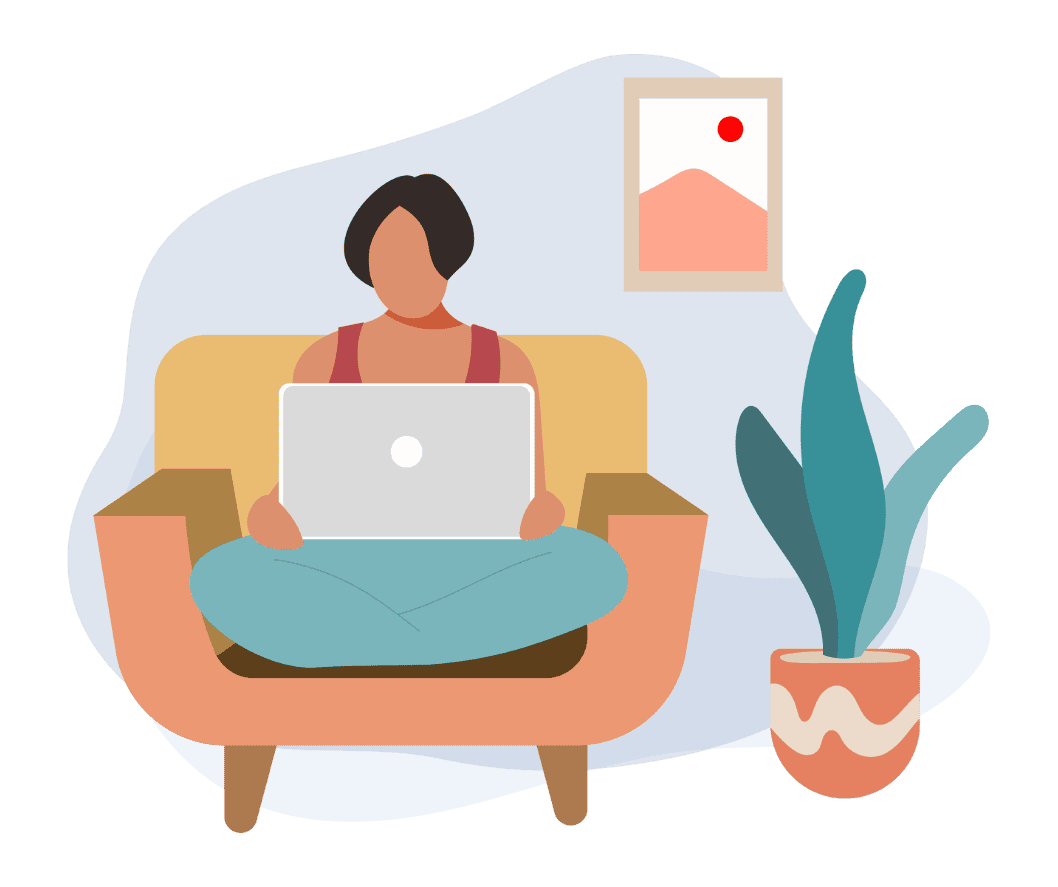 Woman working on laptop at home with plants and art.