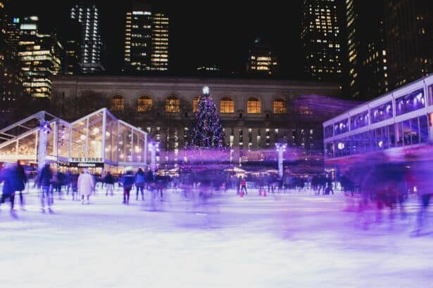 People skating at Rockefeller Center Christmas ice rink with festive city lights and a decorated tree.