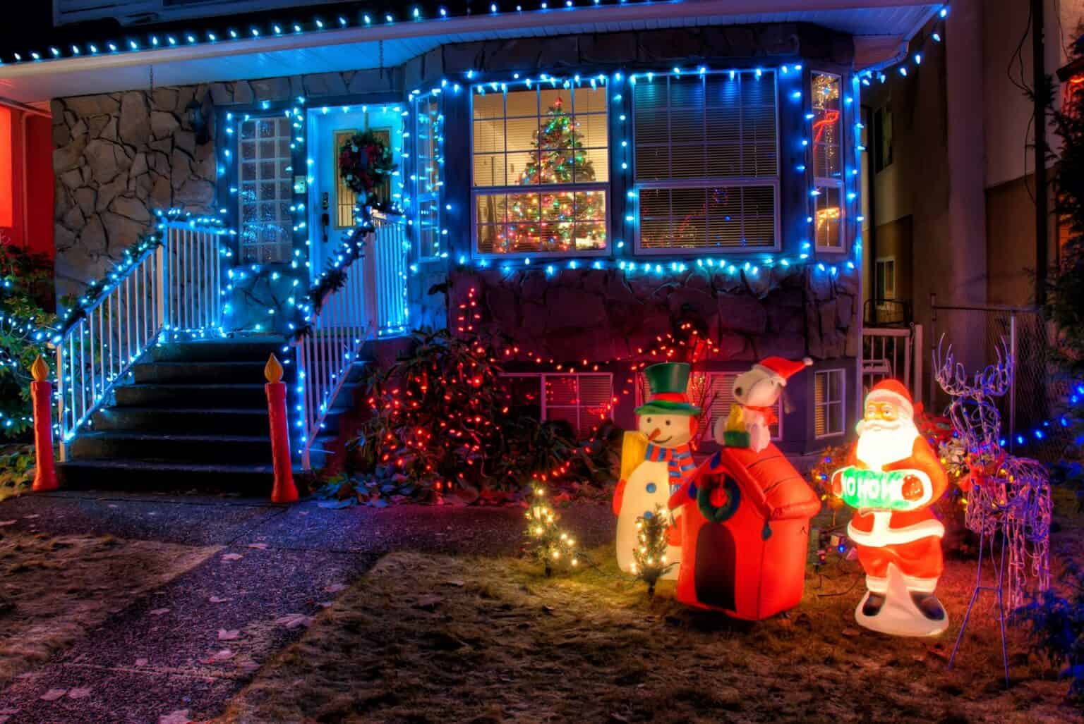 Bright Christmas lights brighten up the house exterior during the holiday season.