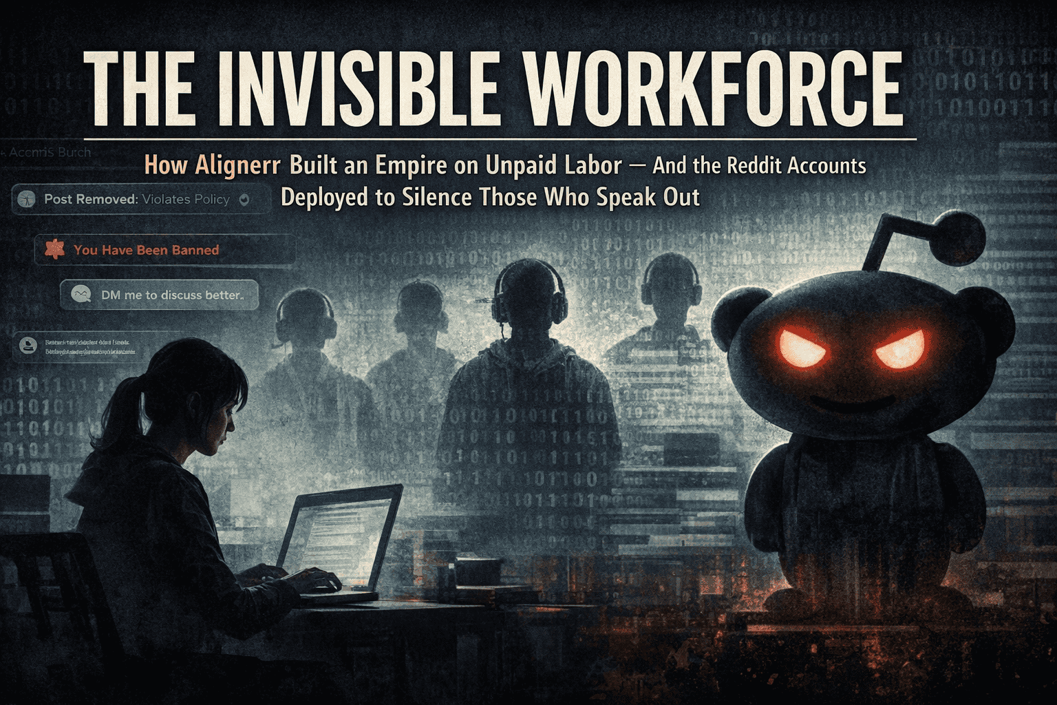 Dark digital workforce controlling online narratives with censorship and social manipulation.