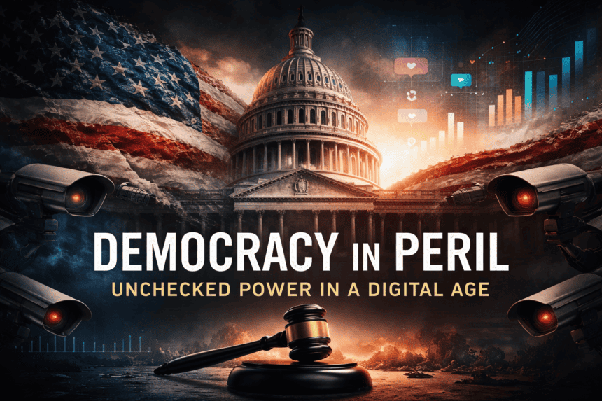 A digital collage symbolizing the peril of democracy in America, featuring surveillance cameras, the Capitol building, social media icons, and graphic data.