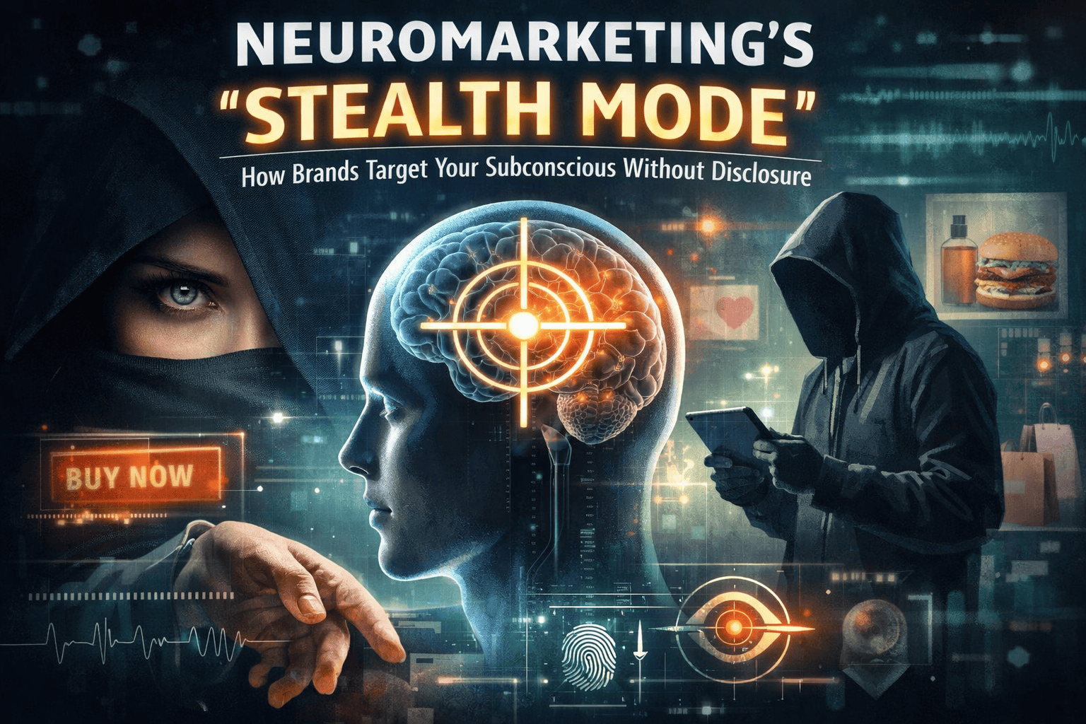 Close-up of woman in hoodie with eye and brain targeting overlay.