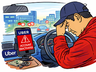 Uber driver frustrated over deactivated account on phone.