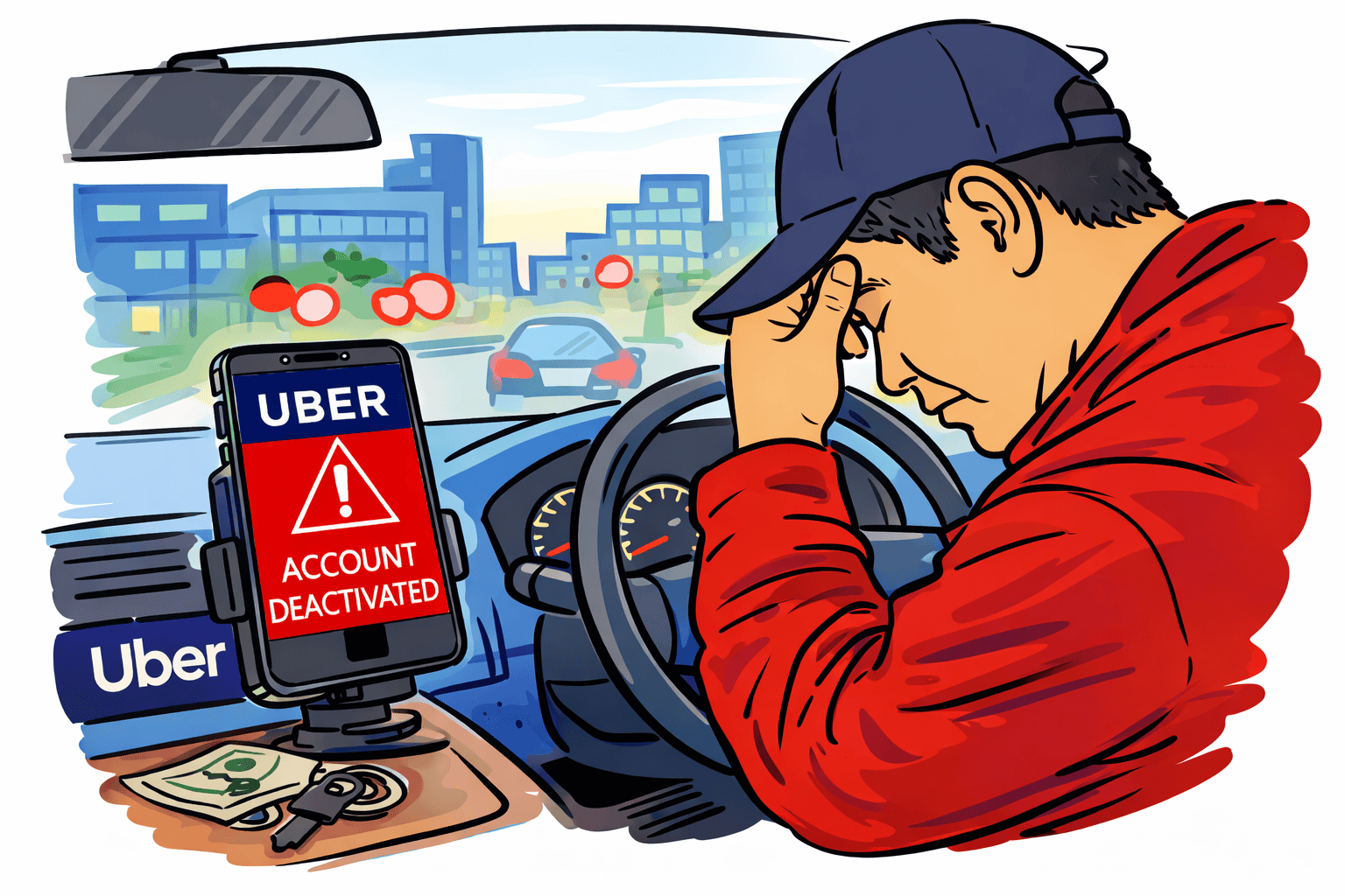 Home Icy 39 Uber driver frustrated over deactivated account on phone.