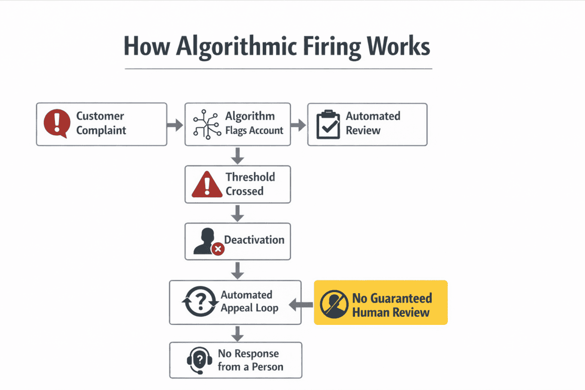Flowchart illustrating how algorithmic firing works for customer complaints resolution.