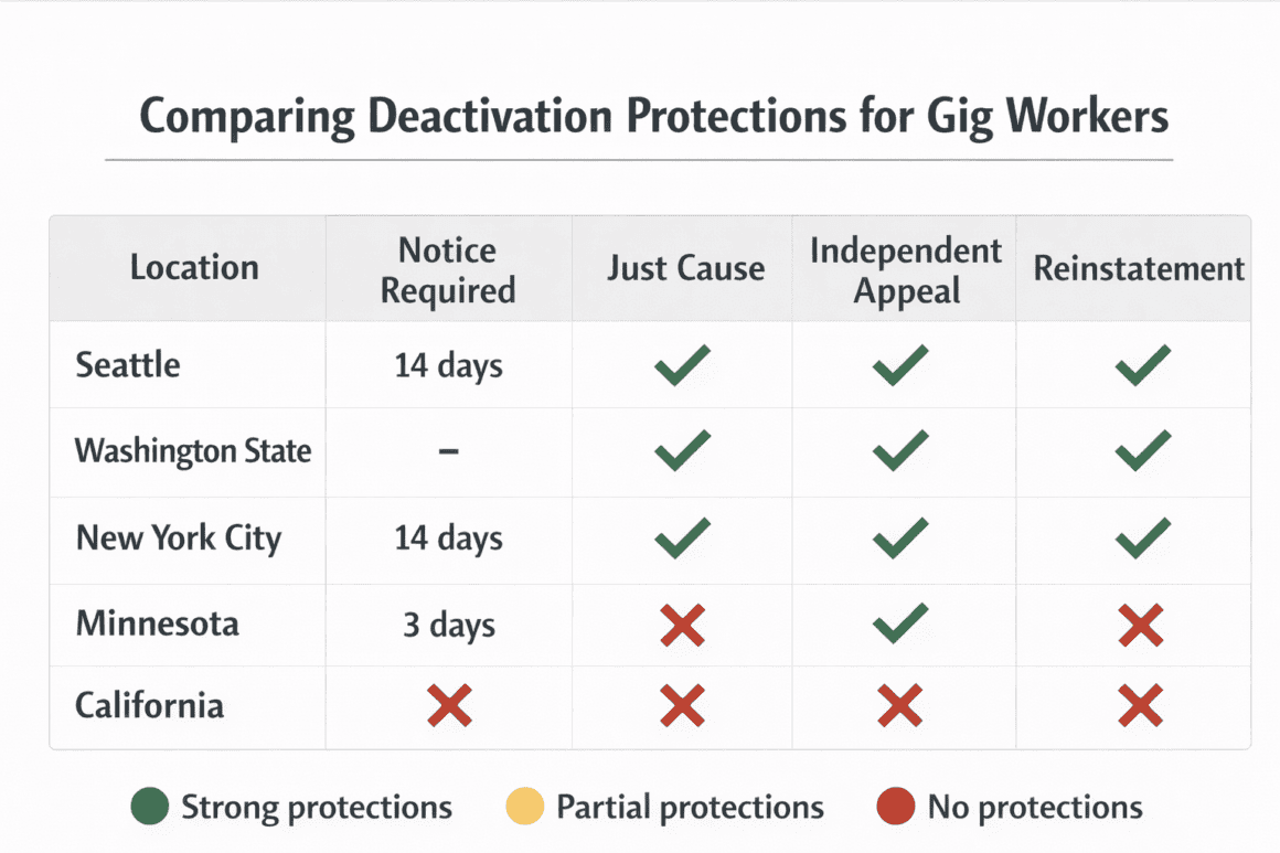 A comparison chart of deactivation protections for gig workers across different locations.
