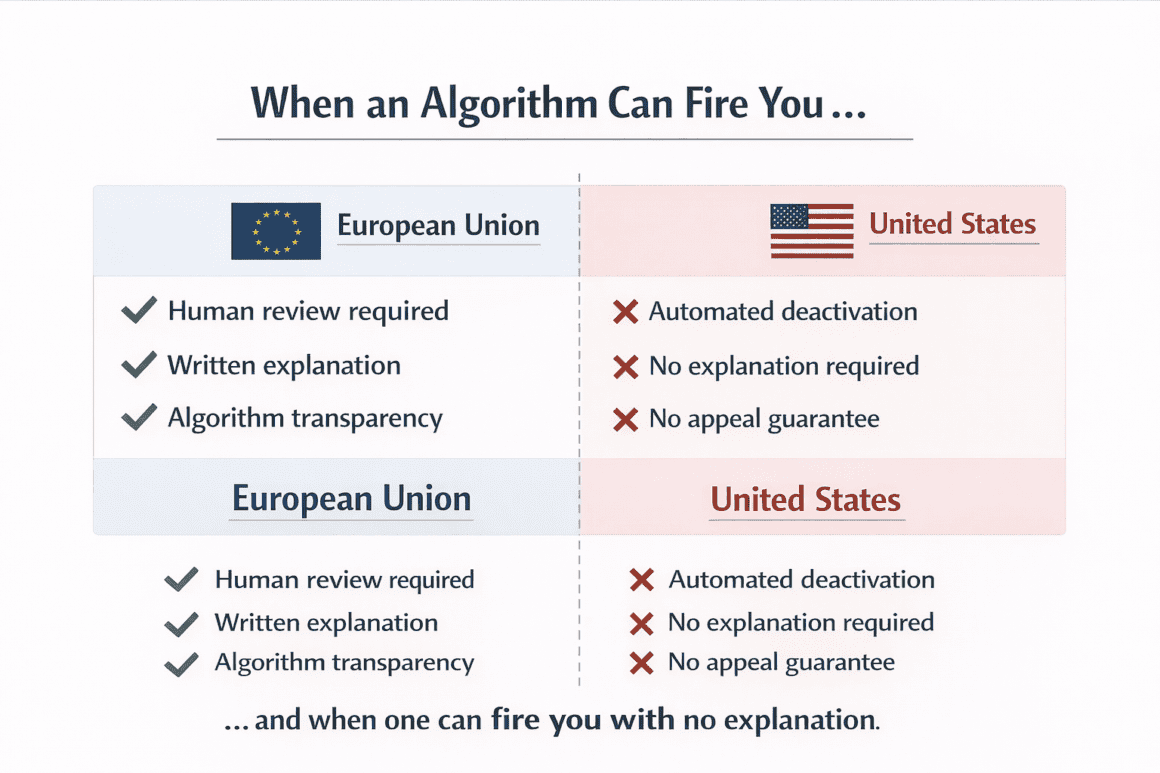 Infographic illustrating differences between European Union and US algorithms, highlighting transparency guidelines.