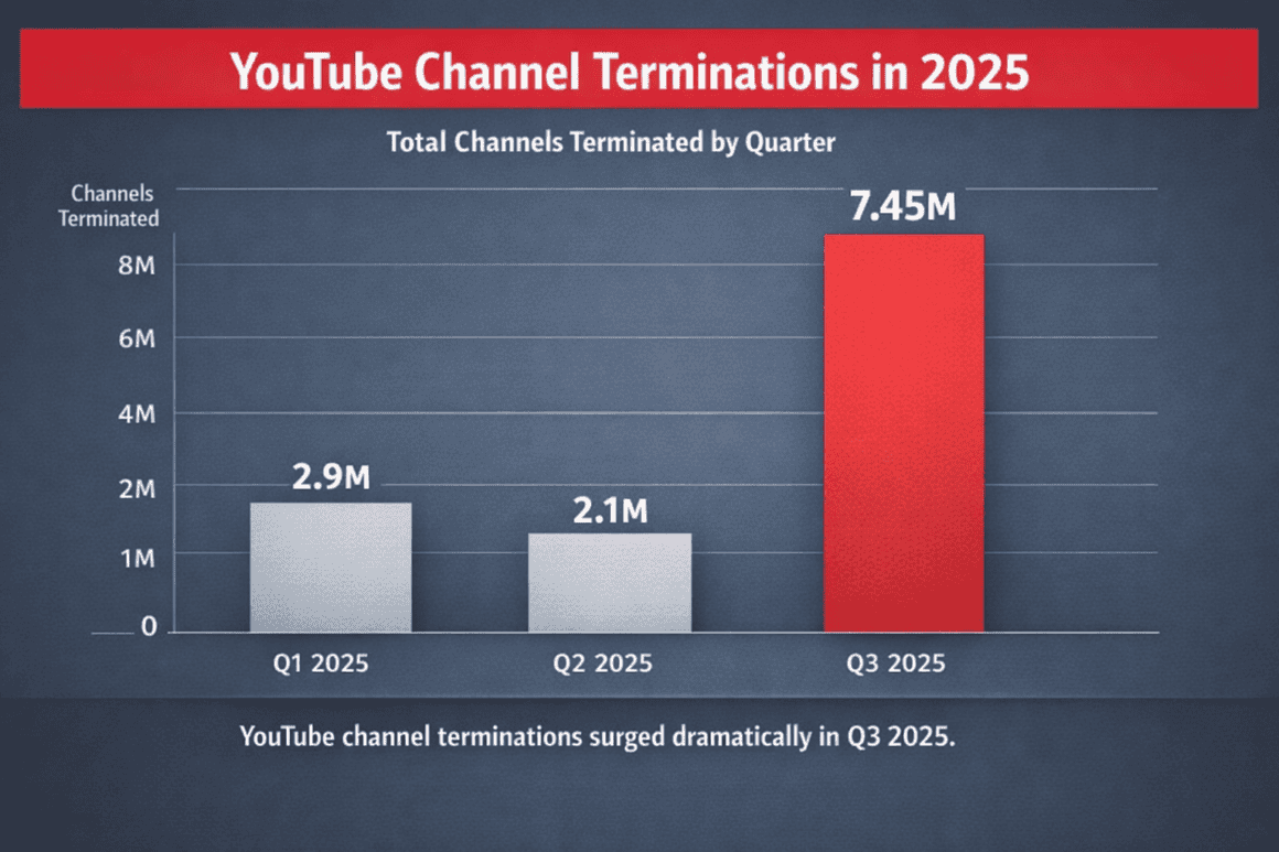 Graph illustrating YouTube channel terminations increase sharply in 2025's third quarter.