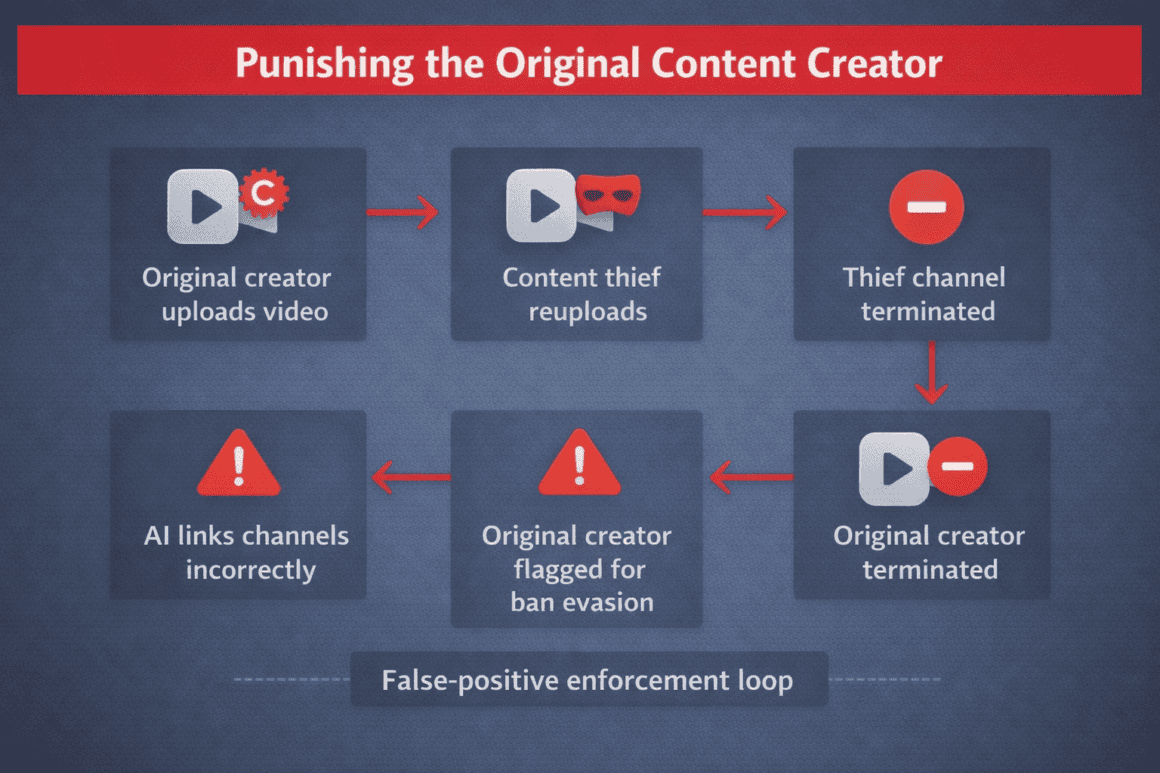A visual guide on punishing content creators who upload videos, including channel termination and false-positive links.