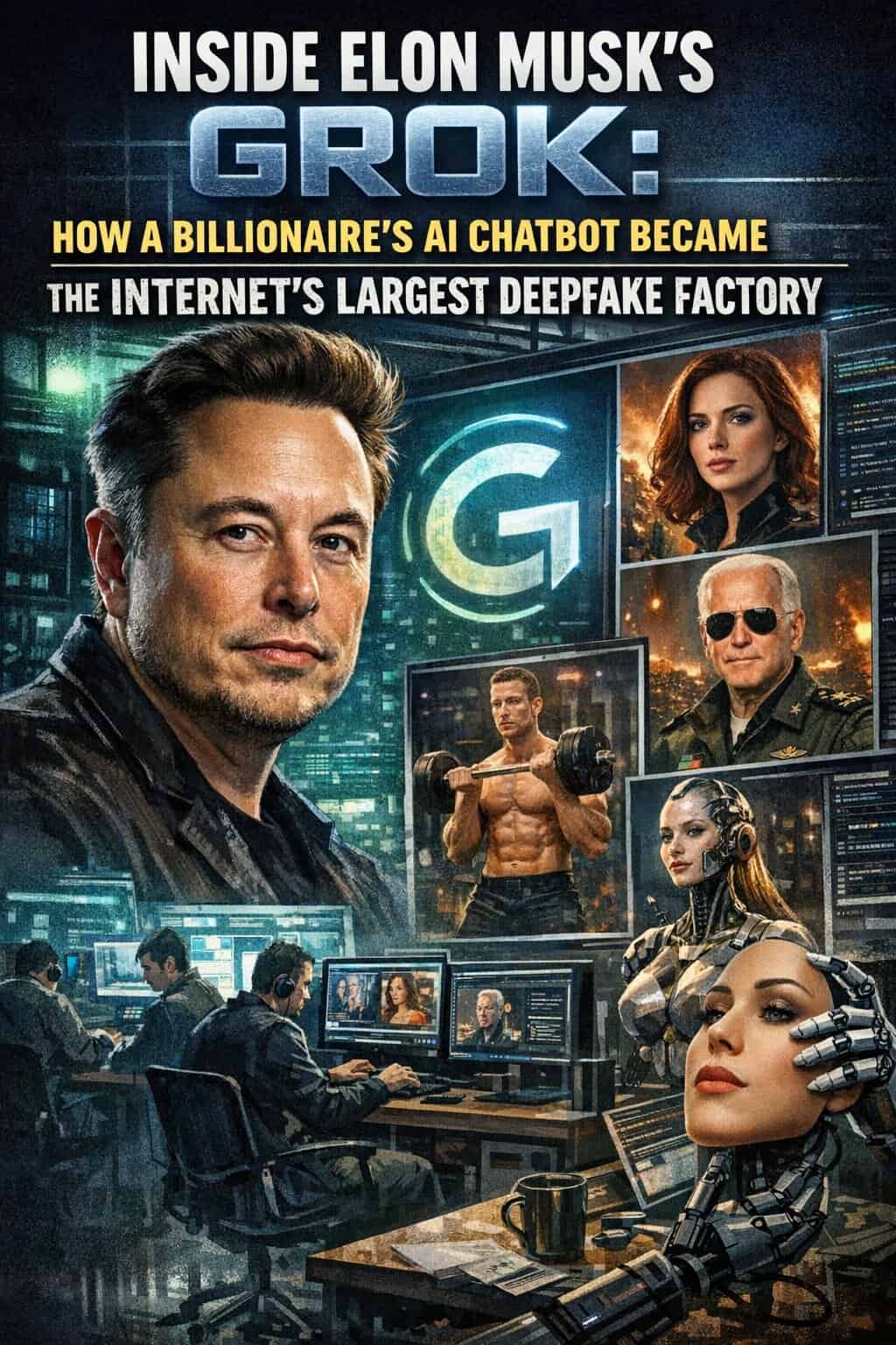 A detailed digital illustration of AI, hacking, and tech characters from Elon Musk's GROK feature.