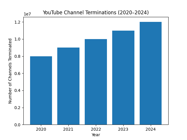 YouTube channel termination data from 2020 to 2024, showing growth trends in channel deletions.