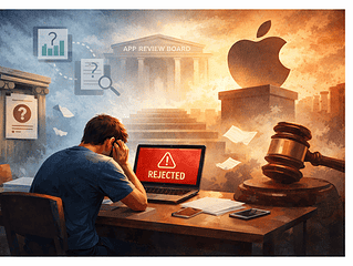 Frustrated man facing rejected app appeal on laptop with Apple logo and gavel.
