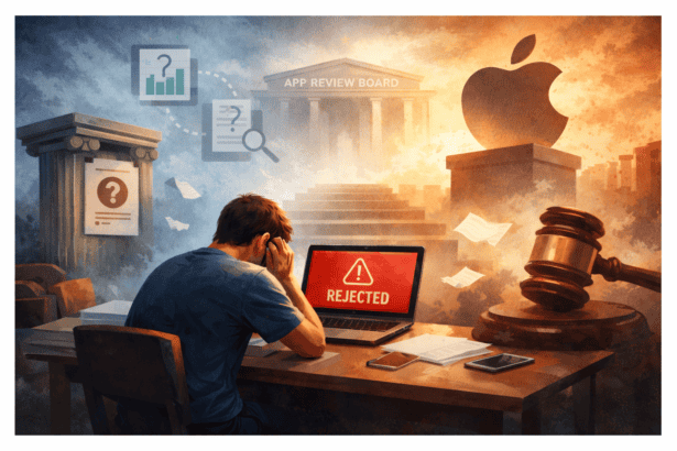 Frustrated man facing rejected app appeal on laptop with Apple logo and gavel.