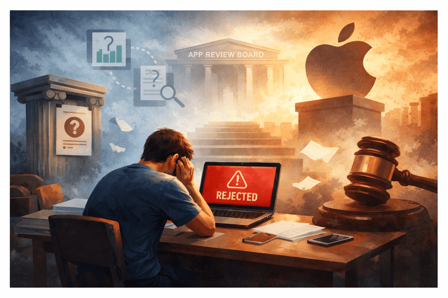Frustrated man facing rejected app appeal on laptop with Apple logo and gavel.