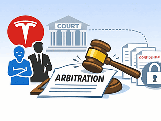 Illustration of arbitration process with Tesla logo, court, and legal documents.
