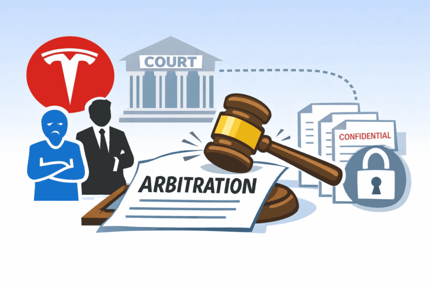 Tesla’s Mandatory Arbitration and the Disappearing Record: How Employment Disputes Slip from Public View 1 Illustration of arbitration process with Tesla logo, court, and legal documents.