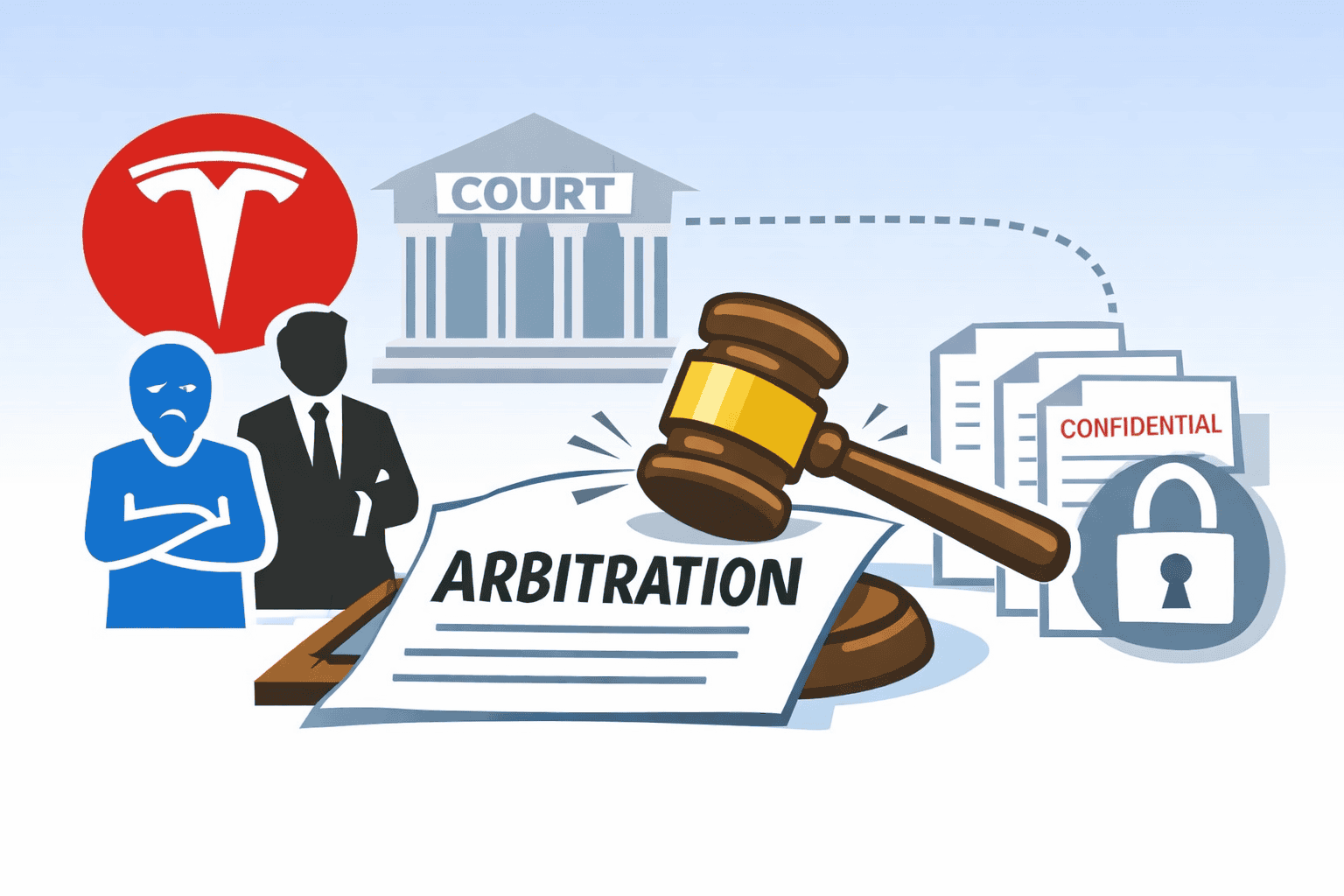 Home Icy 40 Illustration of arbitration process with Tesla logo, court, and legal documents.
