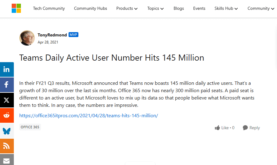 Microsoft Teams active user count exceeds 145 million daily users.