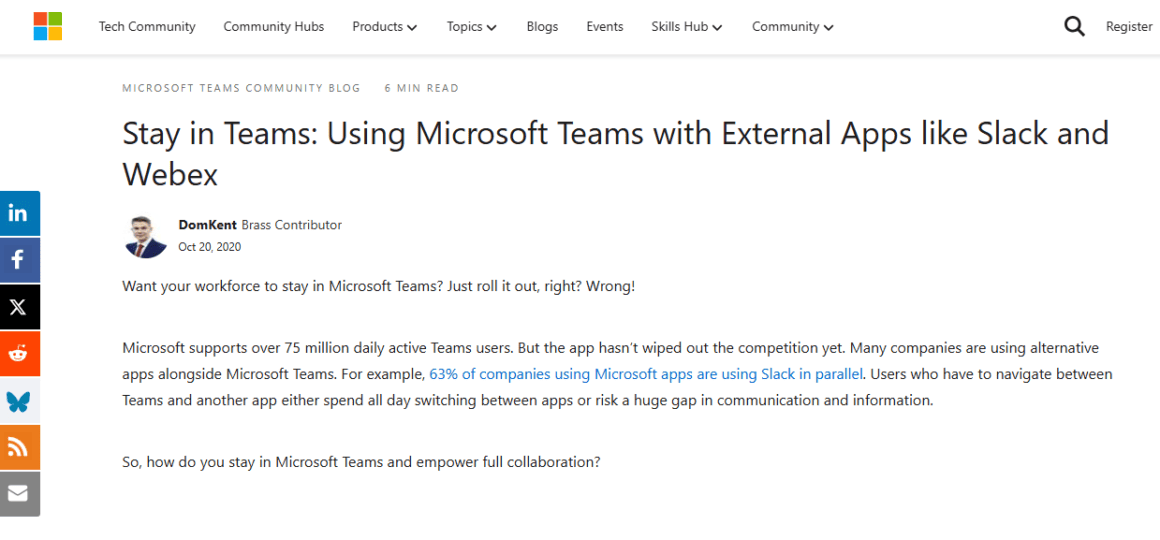 Microsoft Teams metrics analysis with external apps like Slack and Webex.