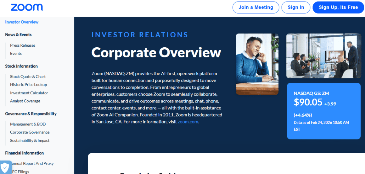 Zoom investor relations corporate overview with stock info and company details.