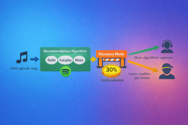 Illustration of Spotify Discovery Mode reducing royalties and increasing algorithmic exposure.