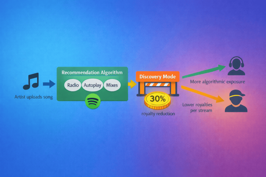 The Algorithm’s Tollbooth: How Spotify Discovery Mode Turned Reduced Royalties Into Promotion Fees 1 Illustration of Spotify Discovery Mode reducing royalties and increasing algorithmic exposure.