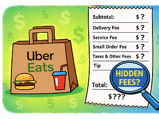 Illustration showing hidden fees in Uber Eats delivery costs.