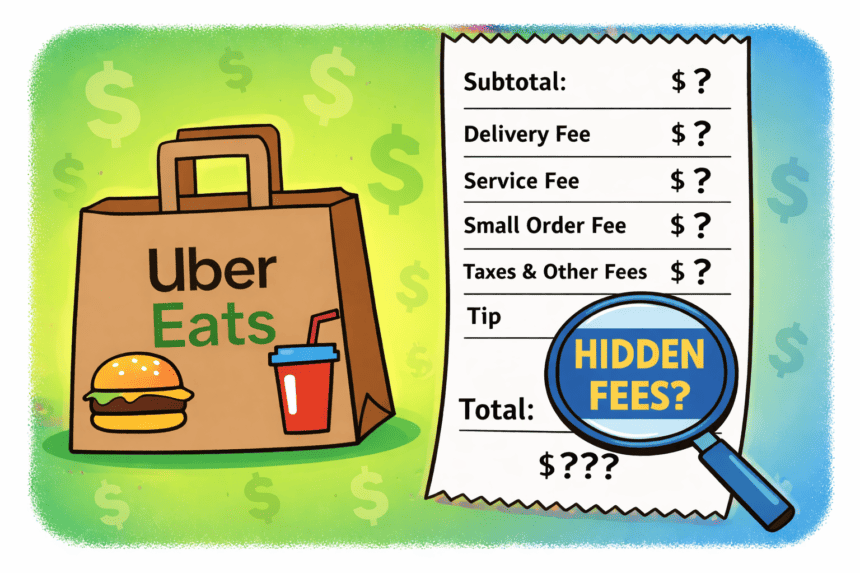 The Invisible Bill: How Uber Eats Stacks Fees and Why the True Cost Often Appears Too Late 1 Illustration showing hidden fees in Uber Eats delivery costs.