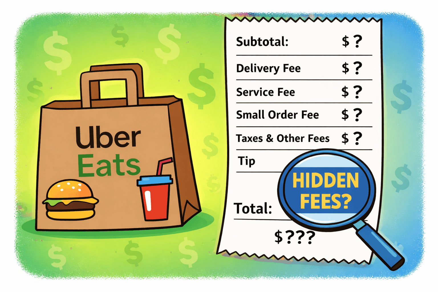 Home Icy 39 Illustration showing hidden fees in Uber Eats delivery costs.