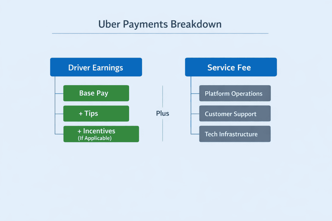 The Invisible Bill: How Uber Eats Stacks Fees and Why the True Cost Often Appears Too Late 7 Uber Eats fee structure diagram showing driver earnings and service fees.