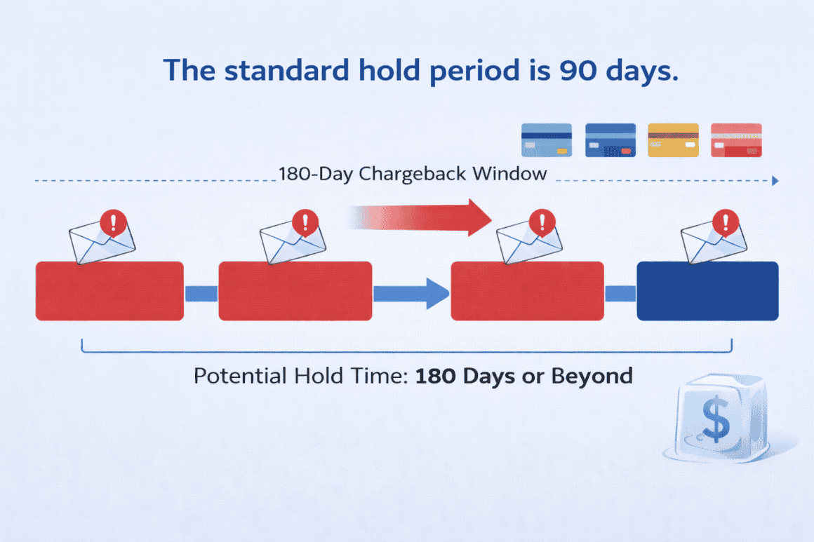 Illustration of payment hold process with red alerts and hold period details.