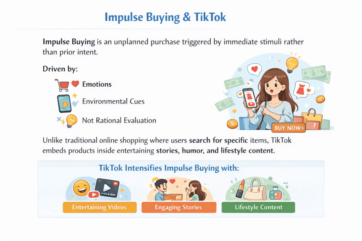 Young woman shopping online on TikTok with various icons around her.