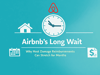 Illustration of a clock, house, and calendar highlighting Airbnb host damage reimbursement delays.