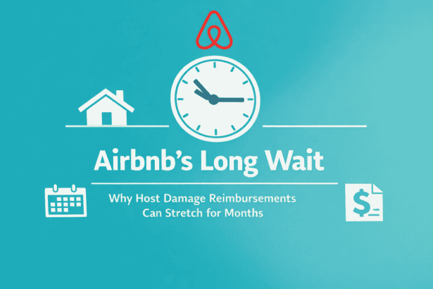 Illustration of a clock, house, and calendar highlighting Airbnb host damage reimbursement delays.