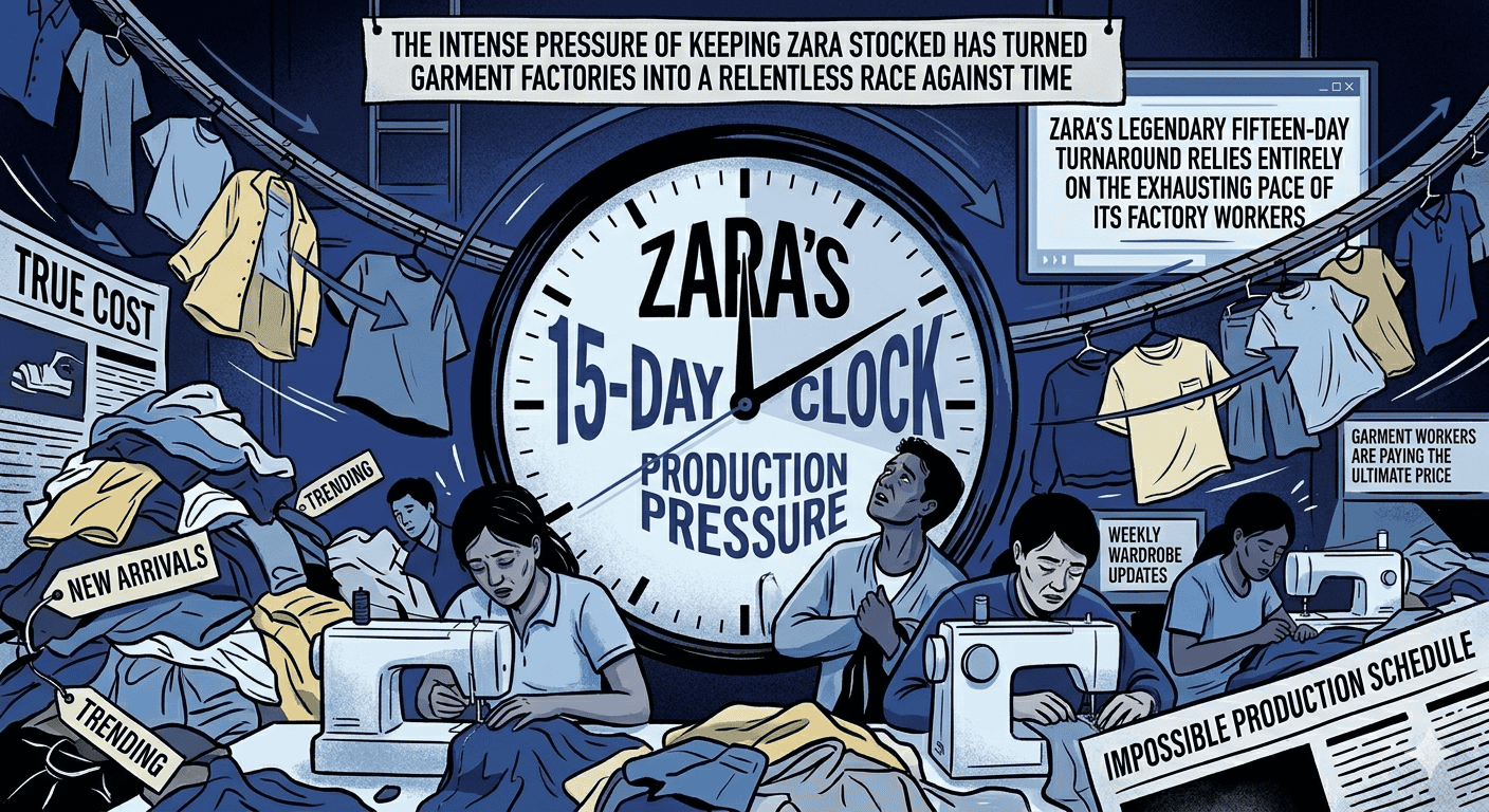 Zara's 15-day production pressure clock highlighting factory worker stress and tight deadlines.