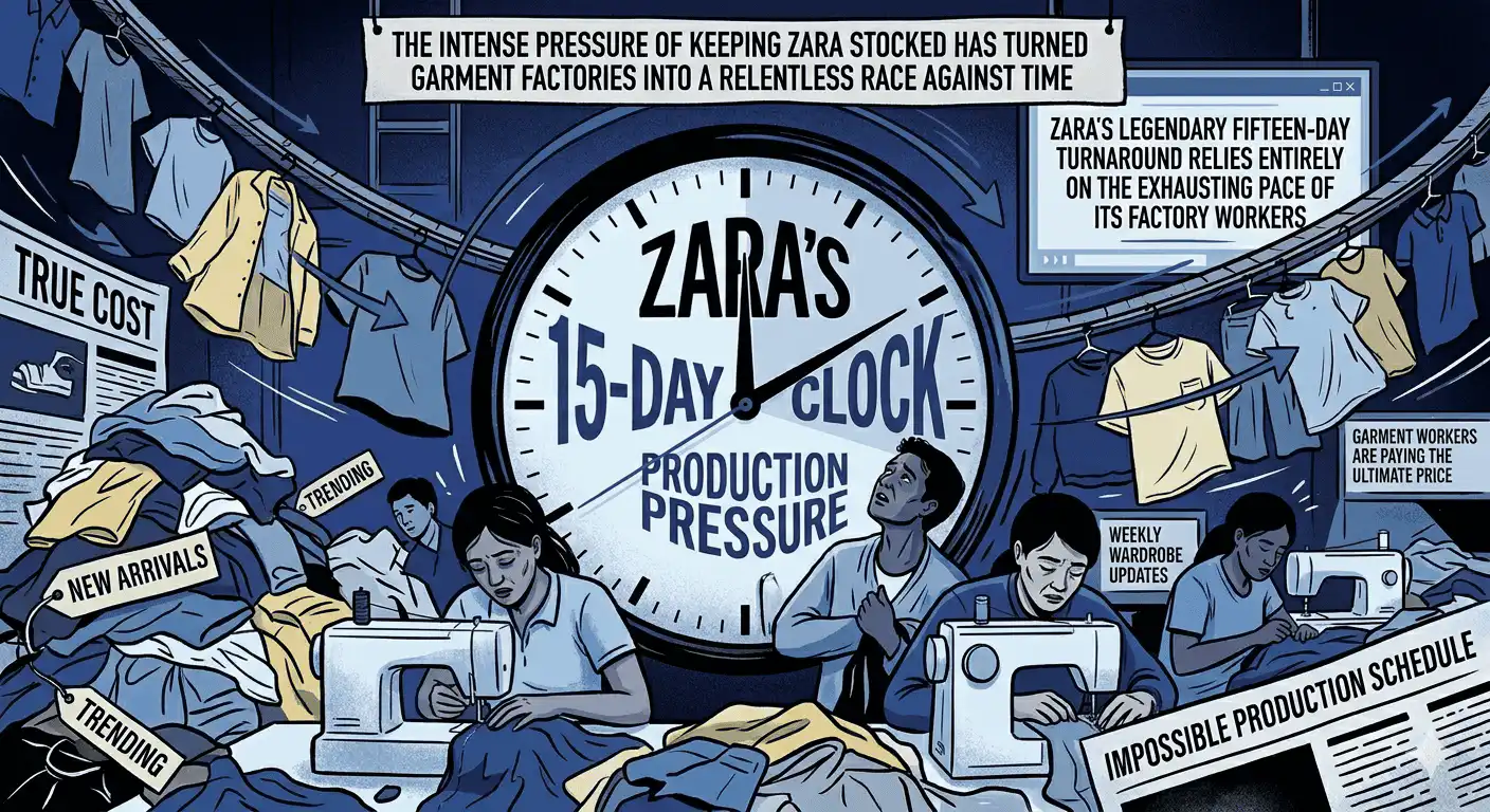 Zara's 15-day production pressure clock highlighting factory worker stress and tight deadlines.