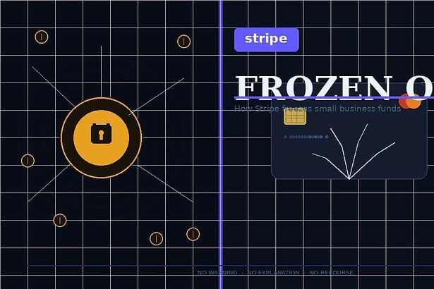 Illustration of a digital financial lock symbolizing Stripe freezing small business funds.