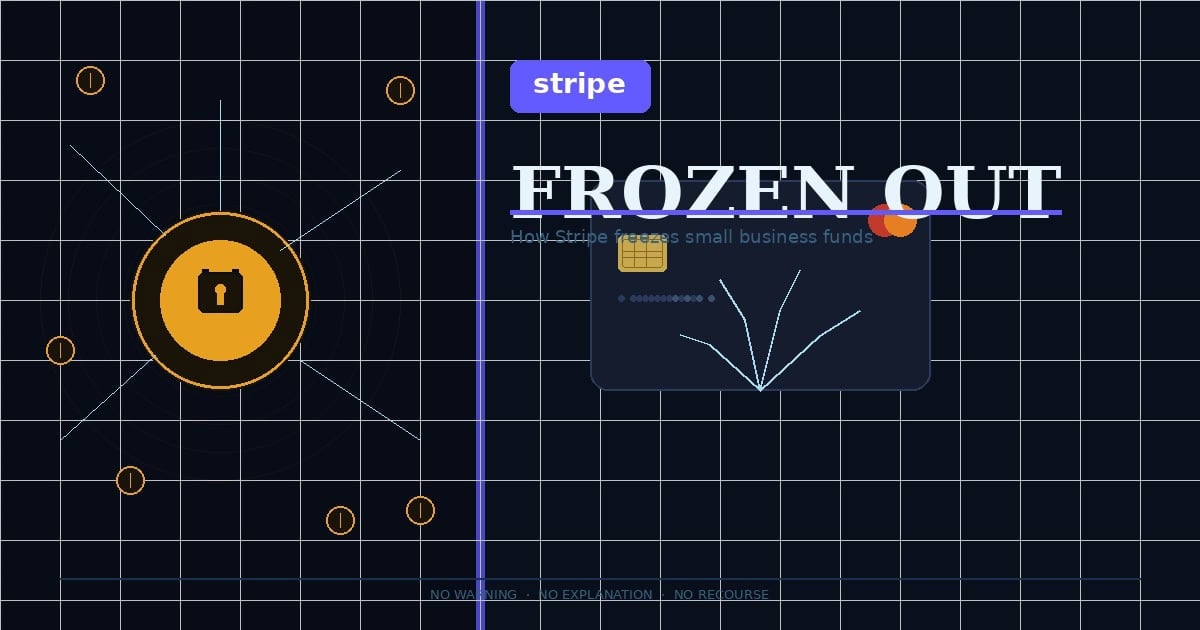 Home Icy 42 Illustration of a digital financial lock symbolizing Stripe freezing small business funds.