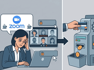 Illustration of a woman worried about Zoom meeting security and a money-making machine.