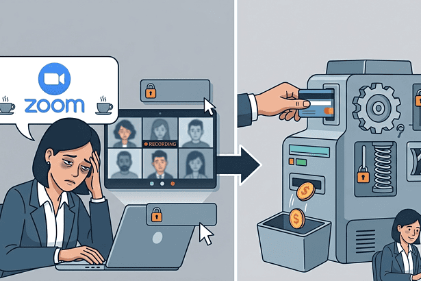Illustration of a woman worried about Zoom meeting security and a money-making machine.